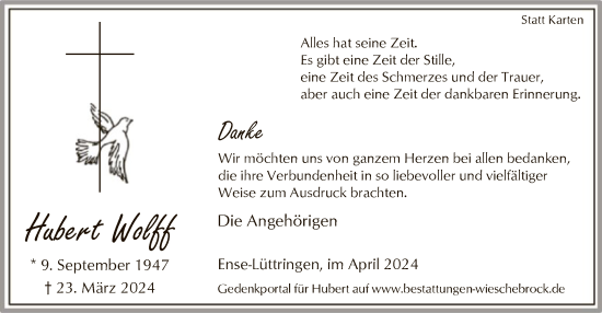 Todesanzeige von Hubert Wolff von WA