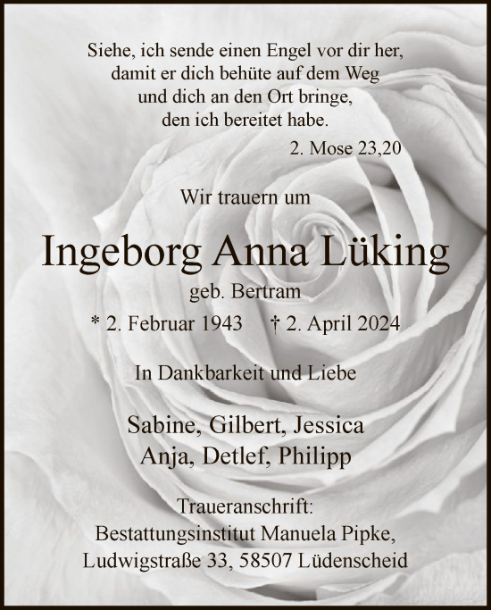 Todesanzeige von Ingeborg Anna Lüking von WA