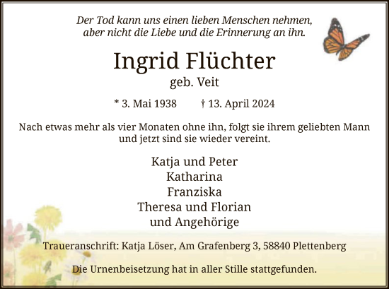 Todesanzeige von Ingrid Flüchter von WA