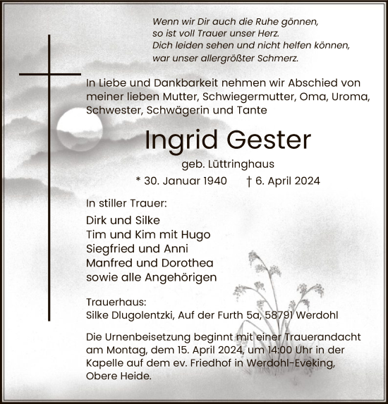 Todesanzeige von Ingrid Gester von WA