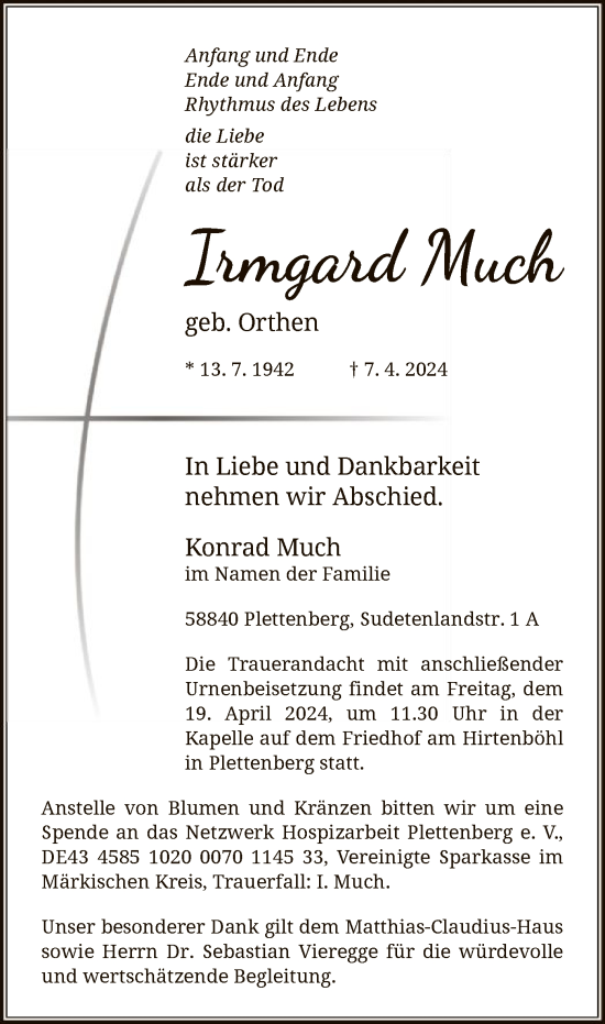 Todesanzeige von Irmgard Much von WA