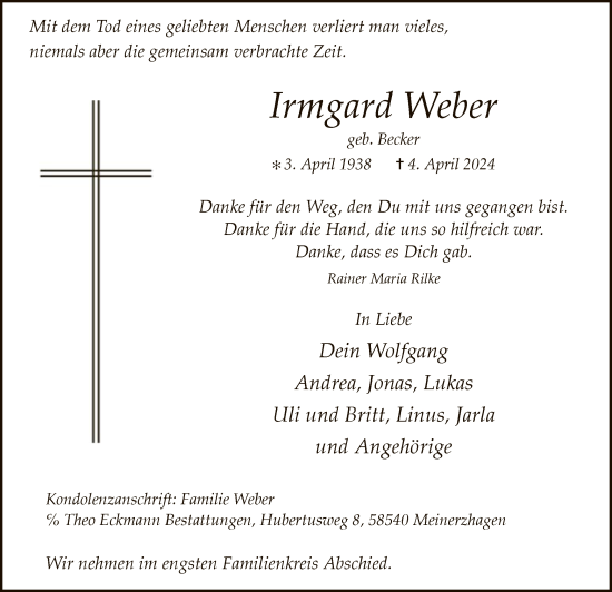 Todesanzeige von Irmgard Weber von WA