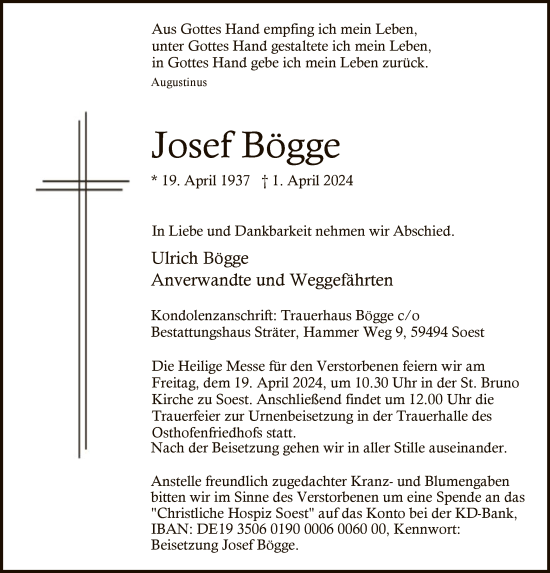 Todesanzeige von Josef Bögge von WA
