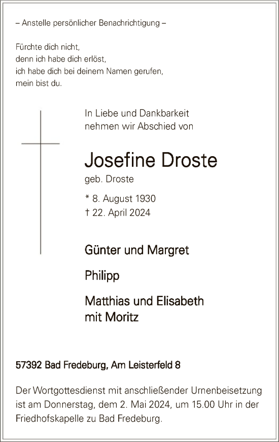 Todesanzeige von Josefine Droste von WA