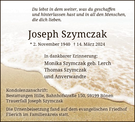 Todesanzeige von Joseph Szymczak von WA