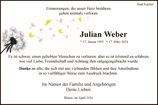 Todesanzeige von Julian Weber von WA