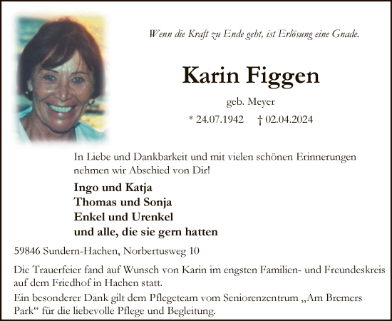 Todesanzeige von Karin Figgen von WA
