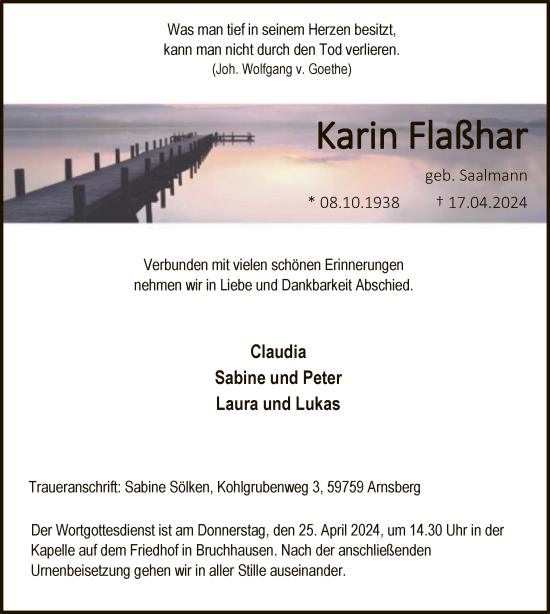 Todesanzeige von Karin Flaßhar von WA