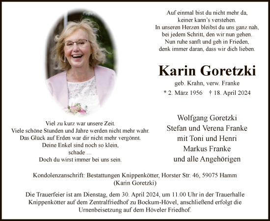 Todesanzeige von Karin Goretzki von WA