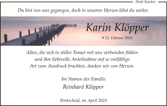 Todesanzeige von Karin Klöpper von WA