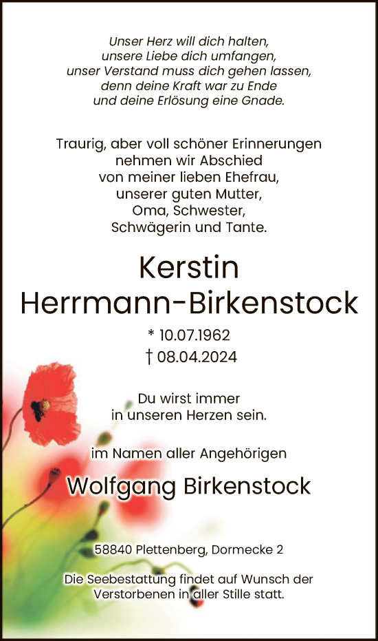 Todesanzeige von Kerstin Herrmann-Birkenstock von WA