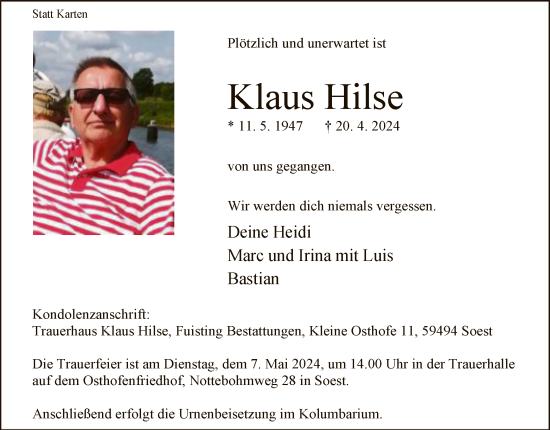 Todesanzeige von Klaus Hilse von WA