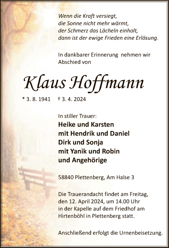 Todesanzeige von Klaus Hoffmann von WA