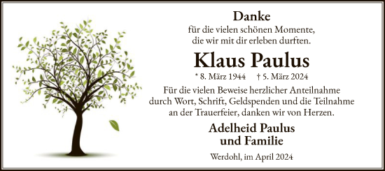 Todesanzeige von Klaus Paulus von WA