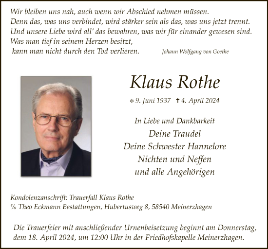Todesanzeige von Klaus Rothe von WA