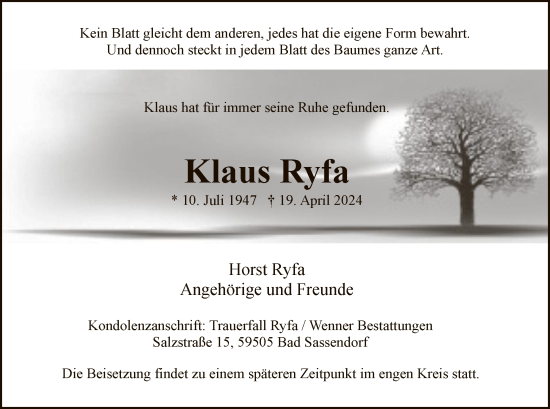 Todesanzeige von Klaus Ryfa von WA