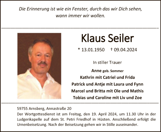 Todesanzeige von Klaus Seiler von WA