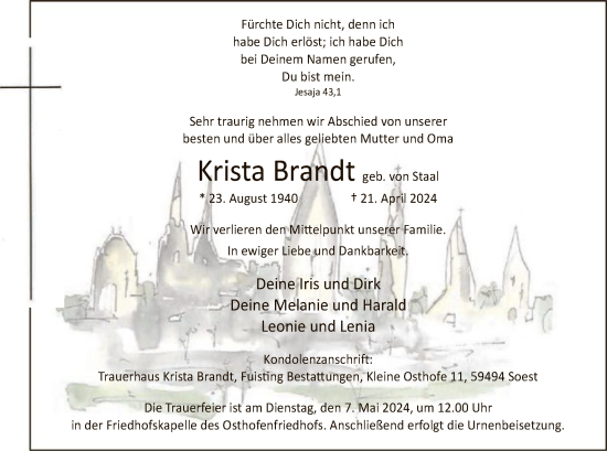 Todesanzeige von Krista Brandt von WA