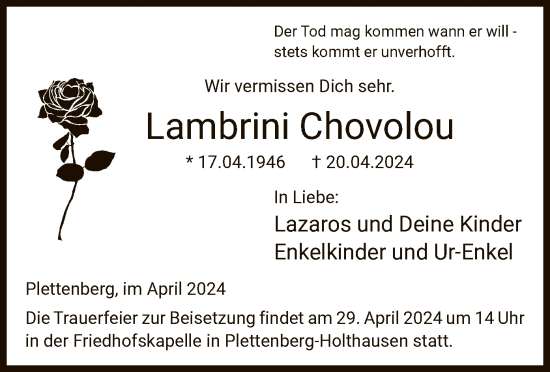 Todesanzeige von Lambrini Chovolou von WA