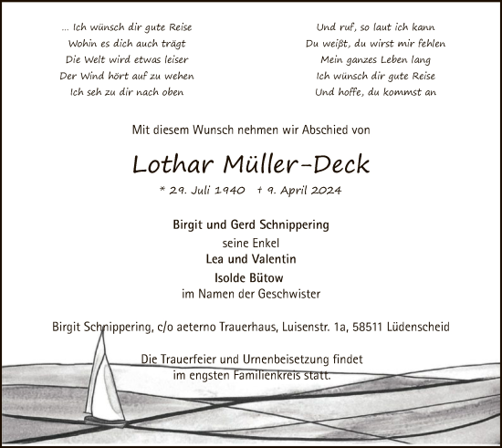 Todesanzeige von Lothar Müller-Deck von WA