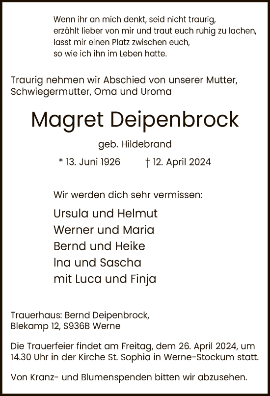 Todesanzeige von Magret Deipenbrock von WA