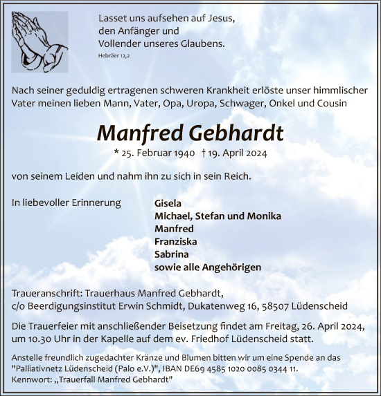 Todesanzeige von Manfred Gebhardt von WA