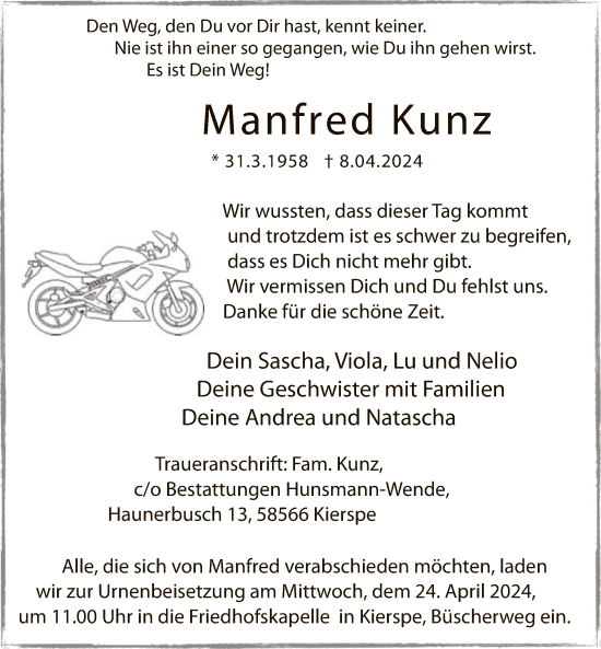 Todesanzeige von Manfred Kunz von WA