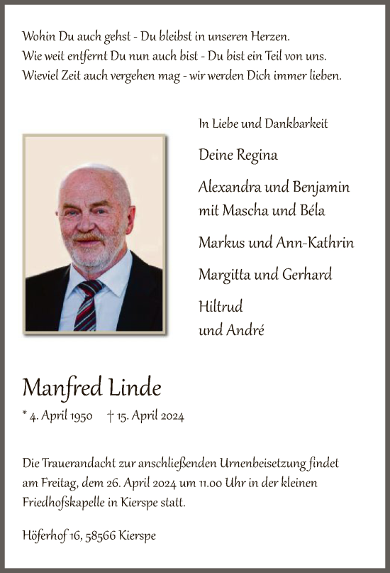 Todesanzeige von Manfred Linde von WA