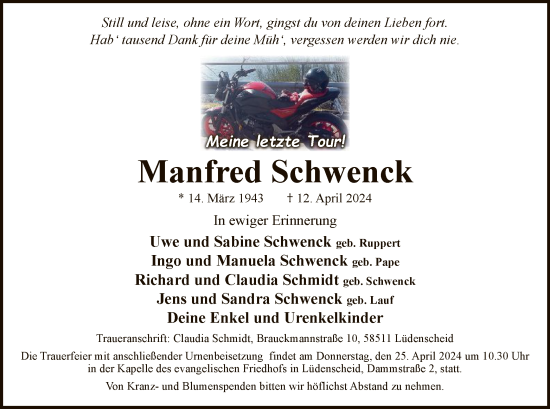 Todesanzeige von Manfred Schwenck von WA