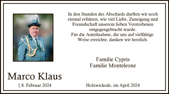 Todesanzeige von Marco Klaus von WA