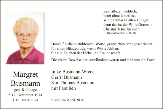 Todesanzeige von Margret Busmann von WA