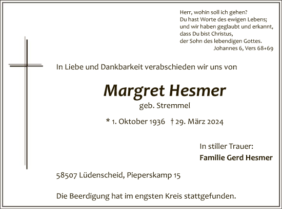 Todesanzeige von Margret Hesmer von WA