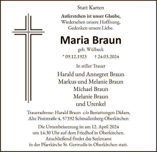 Todesanzeige von Maria Braun von WA
