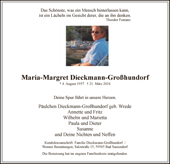Todesanzeige von Maria-Margret Dieckmann-Großhundorf von WA