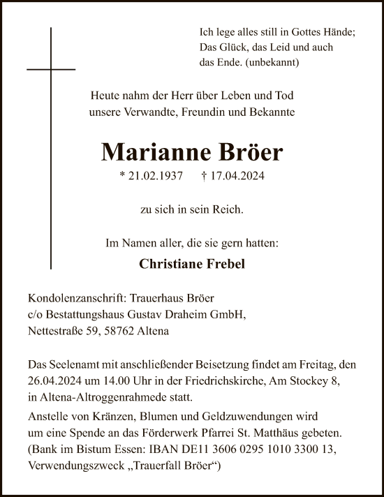 Todesanzeige von Marianne Bröer von WA