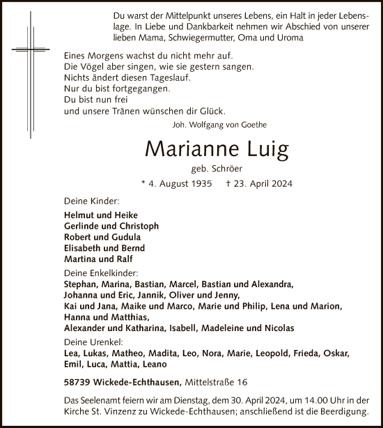 Todesanzeige von Marianne Luig von WA