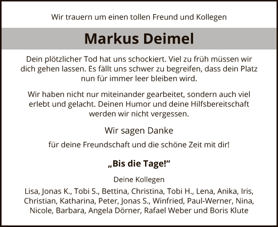 Todesanzeige von Markus Deimel von WA