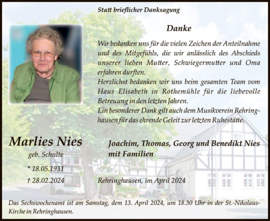 Todesanzeige von Marlies Nies von WA