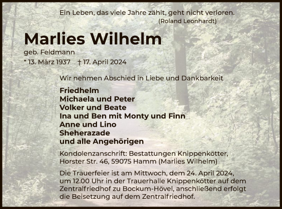Todesanzeige von Marlies Wilhelm von WA