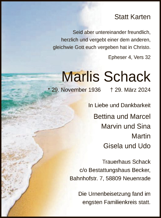 Todesanzeige von Marlis Schack von WA