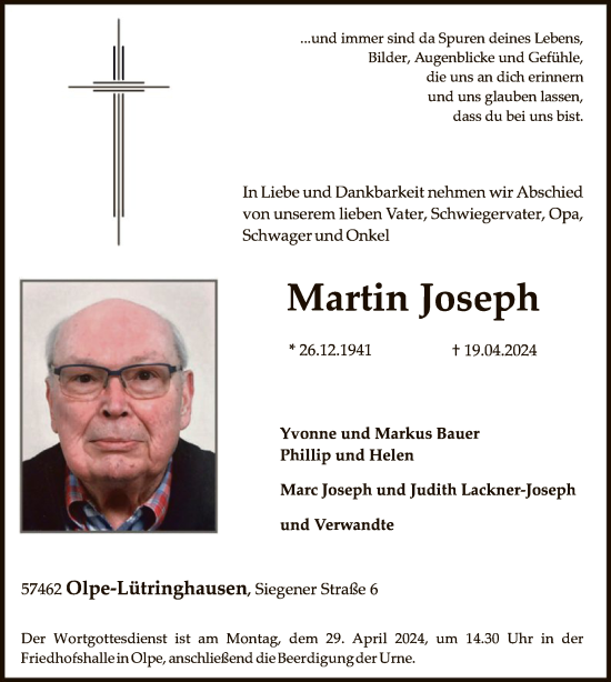 Todesanzeige von Martin Joseph von WA