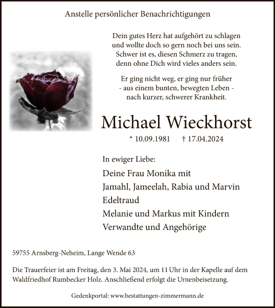 Todesanzeige von Michael Wieckhorst von WA