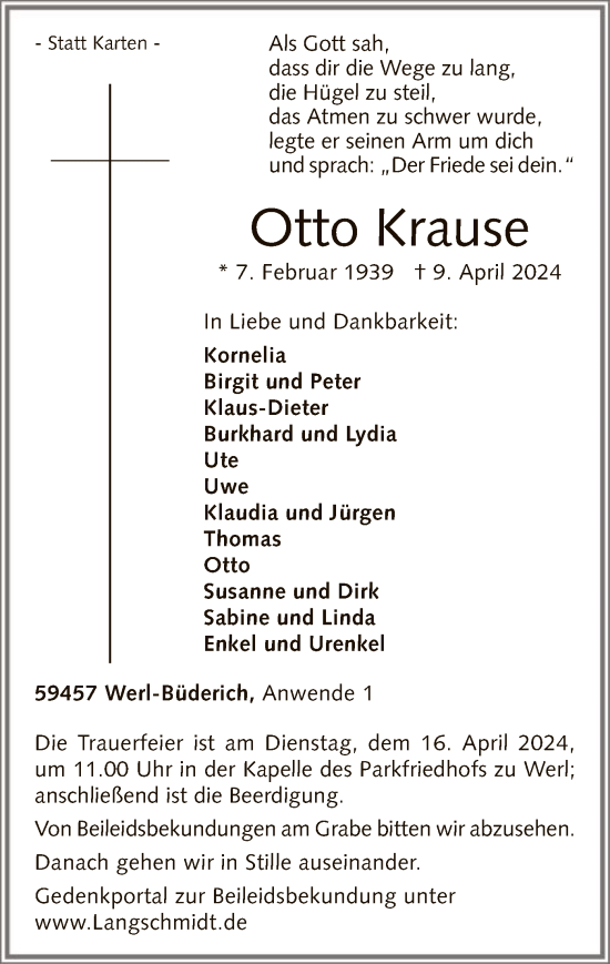 Todesanzeige von Otto Krause von WA