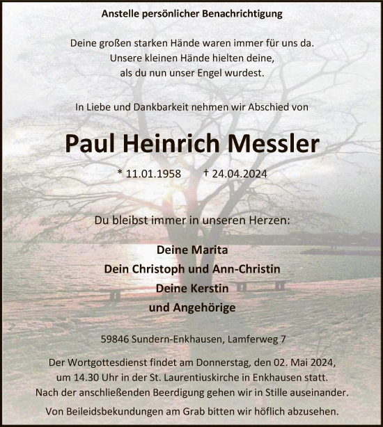 Todesanzeige von Paul Heinrich Messler von WA