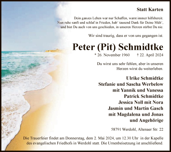 Todesanzeige von Peter Schmidtke von WA