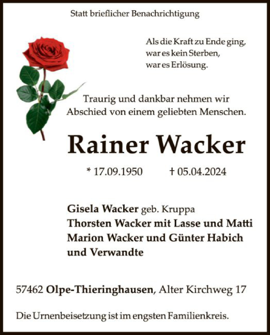 Todesanzeige von Rainer Wacker von WA