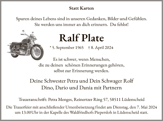 Todesanzeige von Ralf Plate von WA