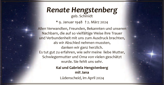 Todesanzeige von Renate Hengstenberg von WA