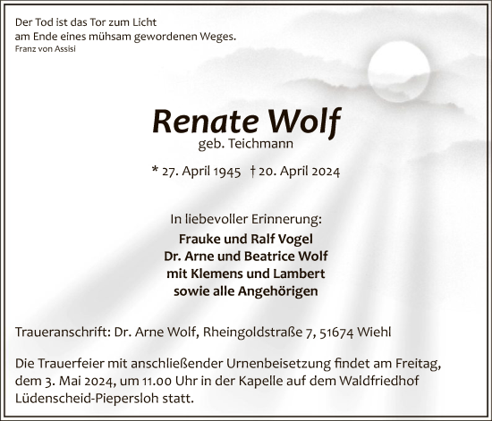 Todesanzeige von Renate Wolf von WA