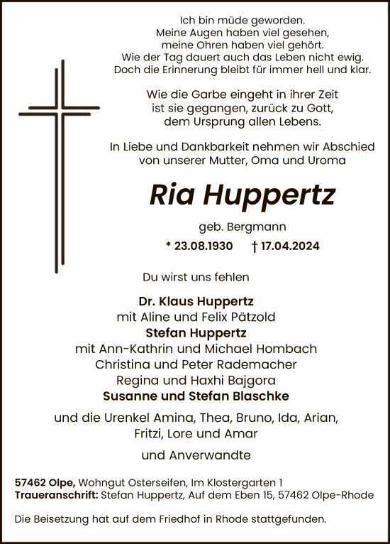 Todesanzeige von Ria Huppertz von WA